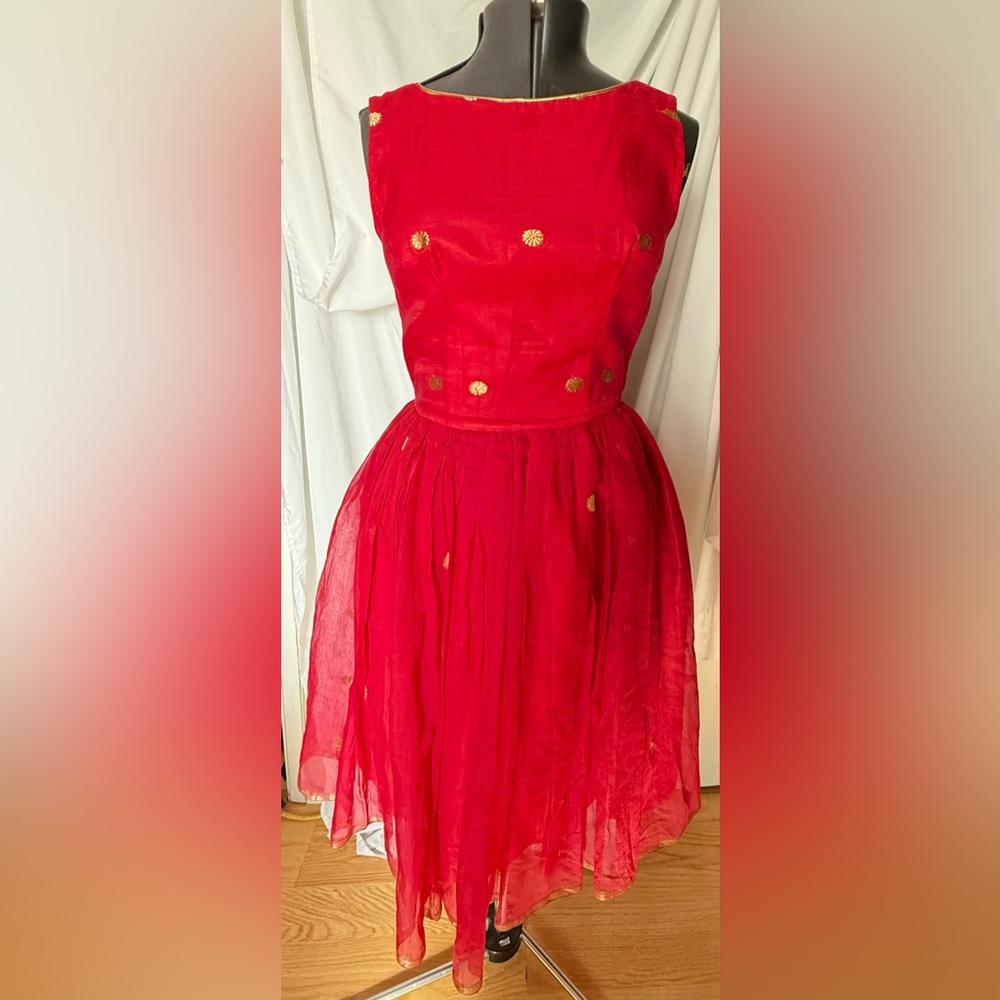 Flirty 1950s Chiffon Party Dress Custom Made Gold Embellished Pinup Rockabilly